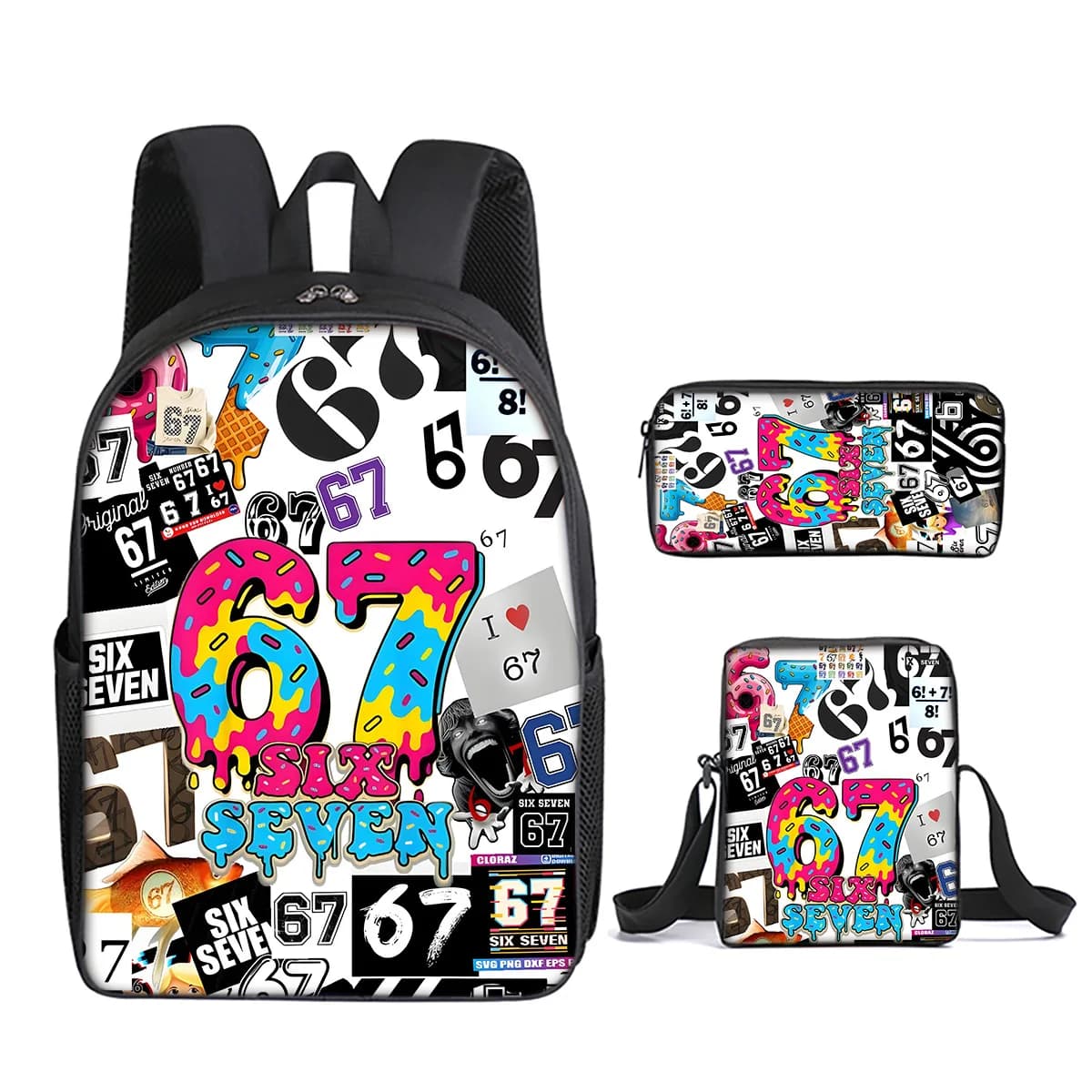 Cartoon Youthful Funny 67 six seven 3D Print 3pcs/Set Student Travel bags Laptop Daypack Backpack Shoulder Bag Pencil Case