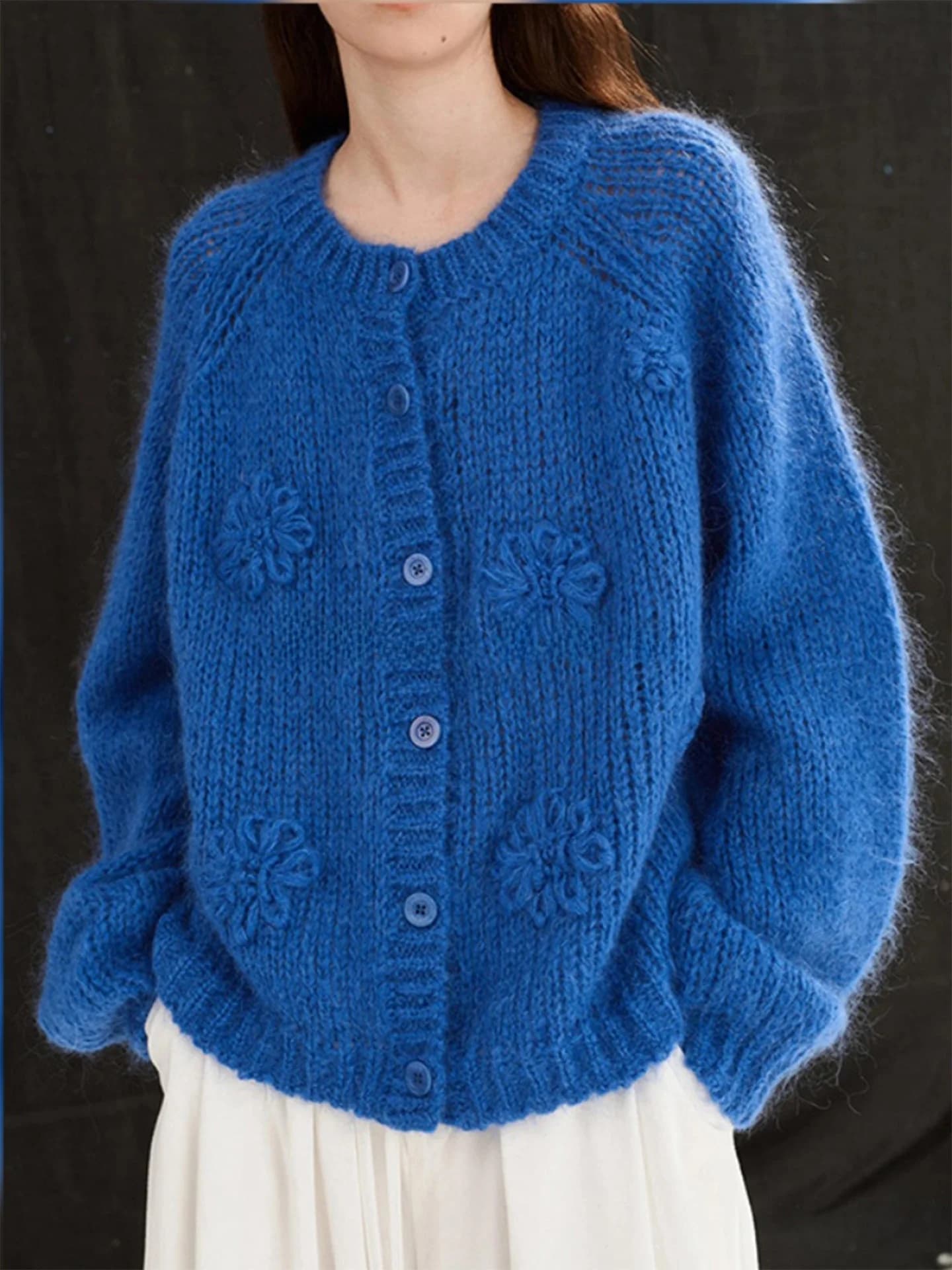 Cardigan in maglia a maniche lunghe da donna Rouje Kefss, in cashmere a maglia grossa, ricamato con fiori 3D, casual, autunnale