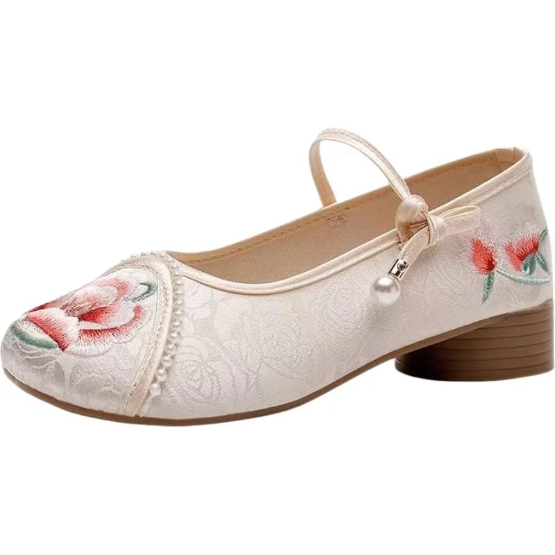 Women Low Heel Silk Embroidered Cheongsam Shoes Spring Summer New Soft Sole Round Toe Buckle Strap Ethnic Style Hanfu Shoes