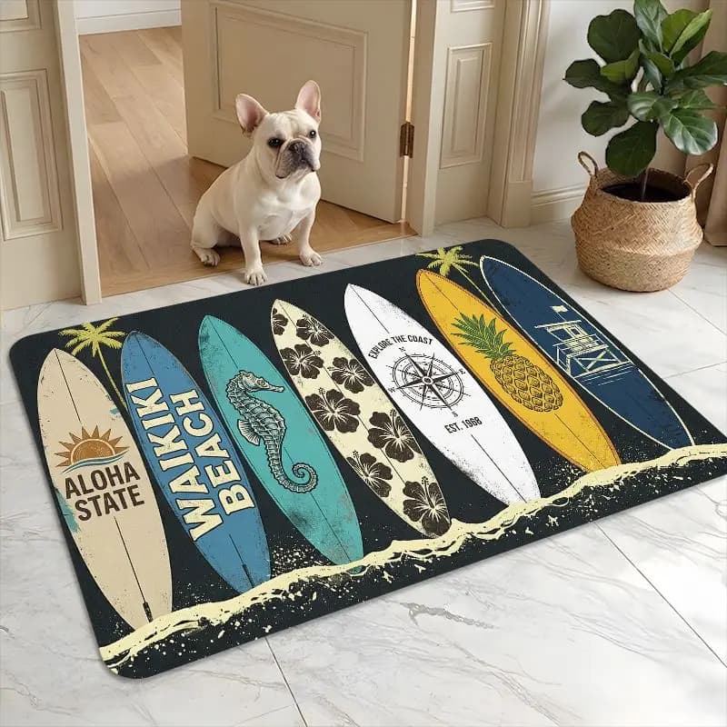 Hawaiian Surfboard Doormat Tropical Beach Summer Print Non Slip Entry Rug For Entryway Hallway And Coastal Home Decor
