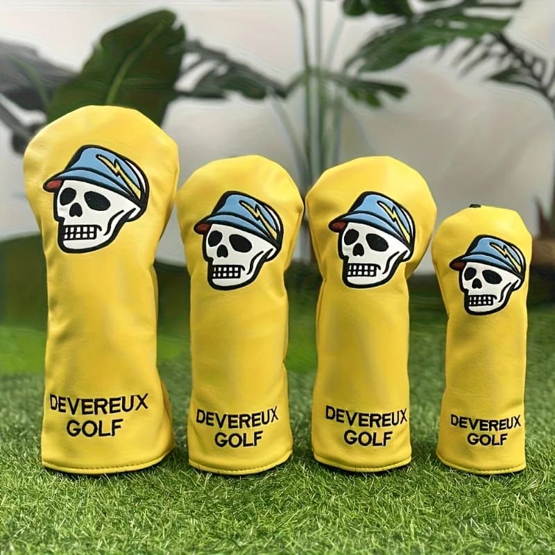 Custodia protettiva da golf gialla, design con motivo teschio e cappello, protezione migliorata per mazze, accessori da golf, materiale PU