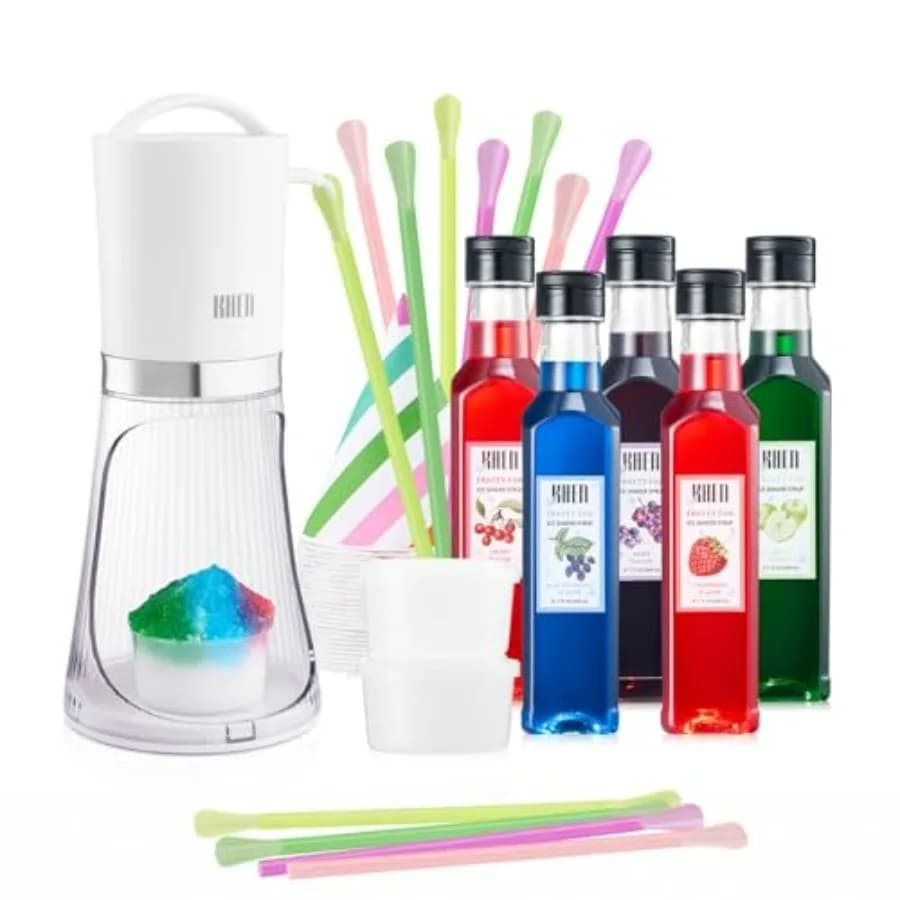 Set Regalo Macchina Elettrica per Coni di Neve con 5 Gusti di Sciroppo, 25 Coppette per Coni, 25 Cannucce, 4 Stampi per Ghiaccio, Macchina per Dessert Congelati per Adulti e Feste