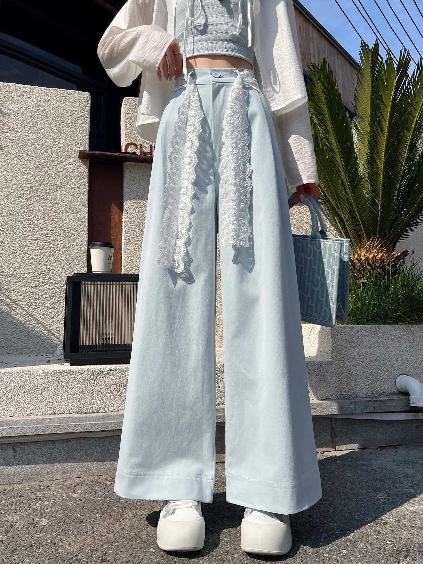 Pantaloni a gamba larga a vita alta azzurri con cintura in pizzo, taglio dritto casual, in cotone sottile, estivi, modellanti, da donna