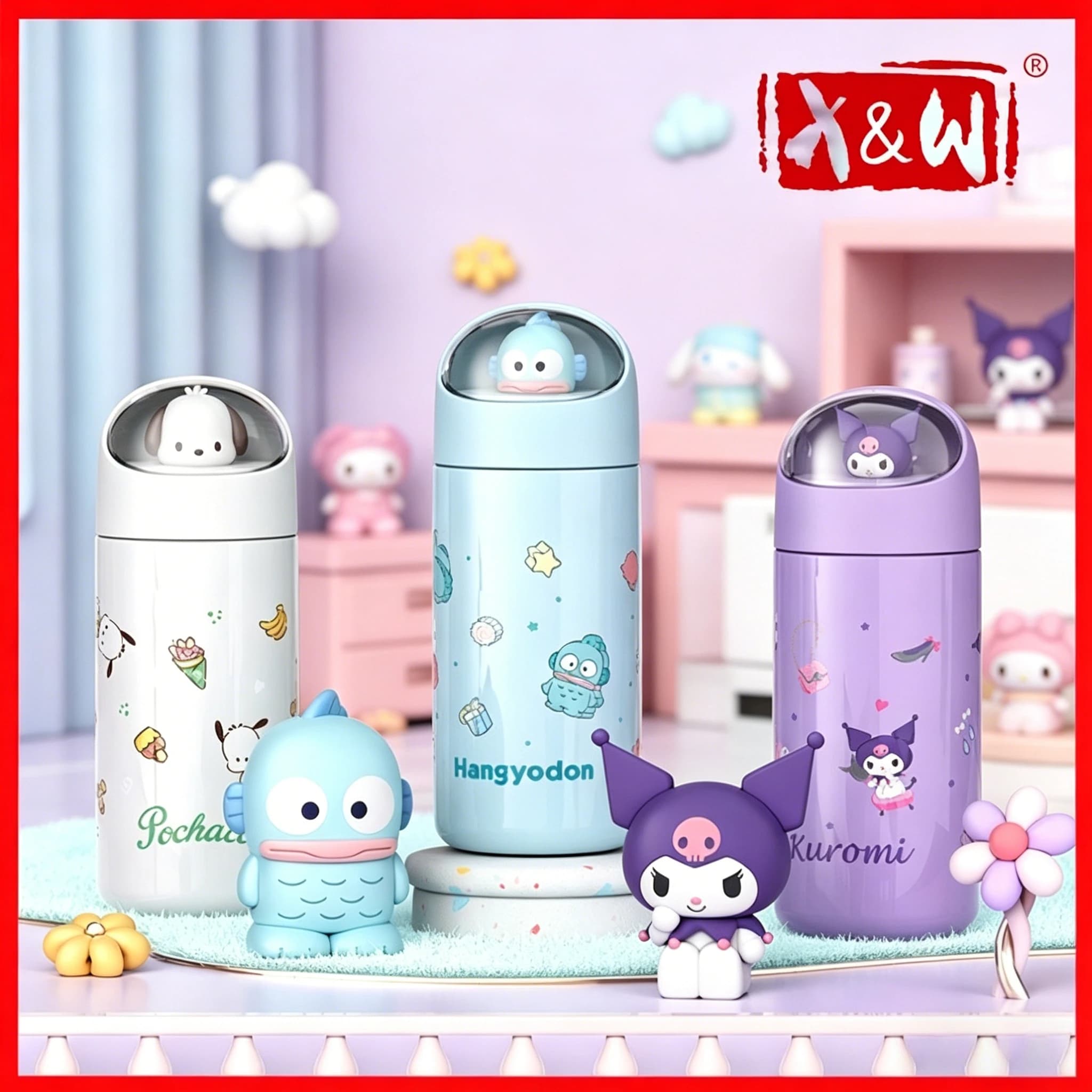 X&W Tazza Termica Serie Sanrio 350ML in Acciaio Inox 316 con Bambola Nascosta, Bottiglia d'Acqua Isolata Antigoccia per Studenti