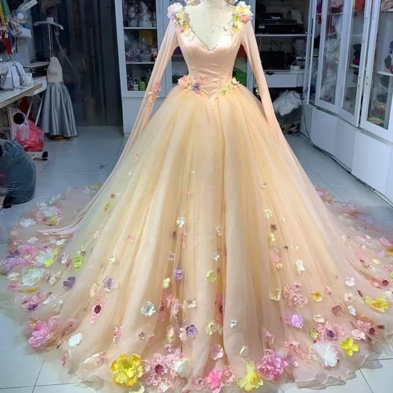 Abiti Quinceanera semplici personalizzati di colore chiaro con spalle scoperte applique fiore 3D coda lunga Vestido De 15 Quinceanera