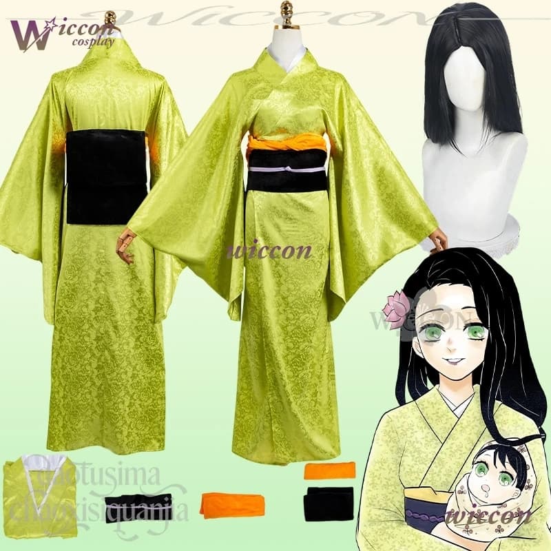 Kimono verde giapponese Kawaii Abito lungo Parrucche nere Kotoha Cosplay Anime Film horror Costume da demone Natale Festa di Halloween Cos