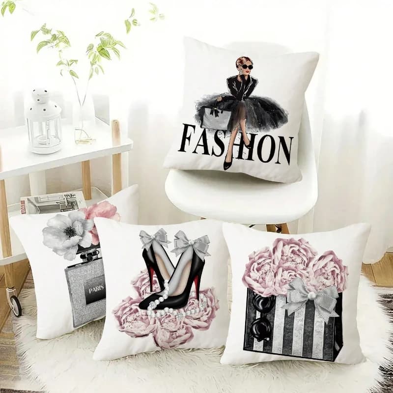 Fodera per cuscino in velluto con fiore rosa e bottiglia di profumo dorata, 45x45 cm, bianco e nero, per divano, camera da letto, decorazione per ragazza adolescente