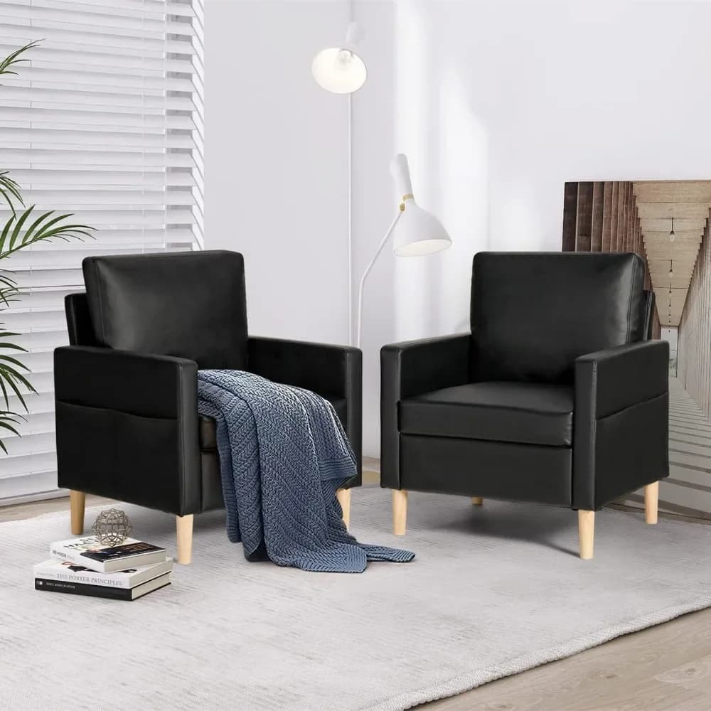 Set di 2 sedie moderne da soggiorno con gambe in metallo, braccioli, sedie con accenti in similpelle nera, piccole sedie moderne da soggiorno