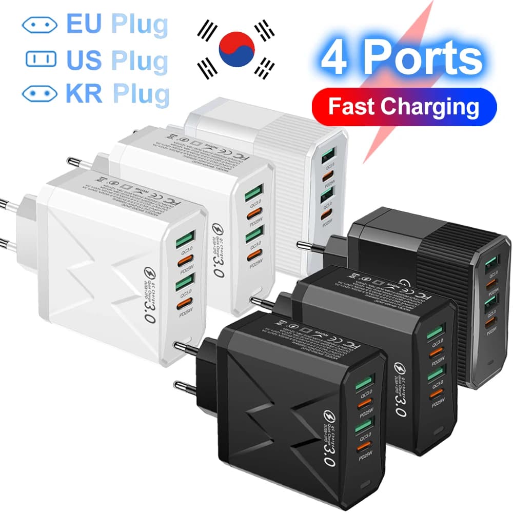 Caricatore Rapido a 4 Porte con 2 USB e 2 PD per iPhone 16 Pro Max, Xiaomi 14, OnePlus, Adattatore da Viaggio per Ricarica Veloce