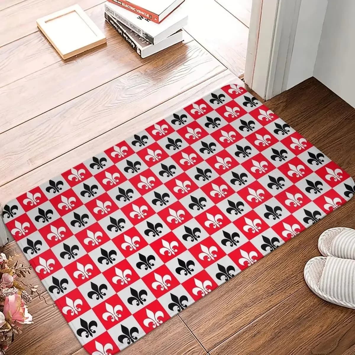 Fleur De Lis Doormat Red Checkered Non-slip Entrance Rug Durable Flannel Floor Mat for Home