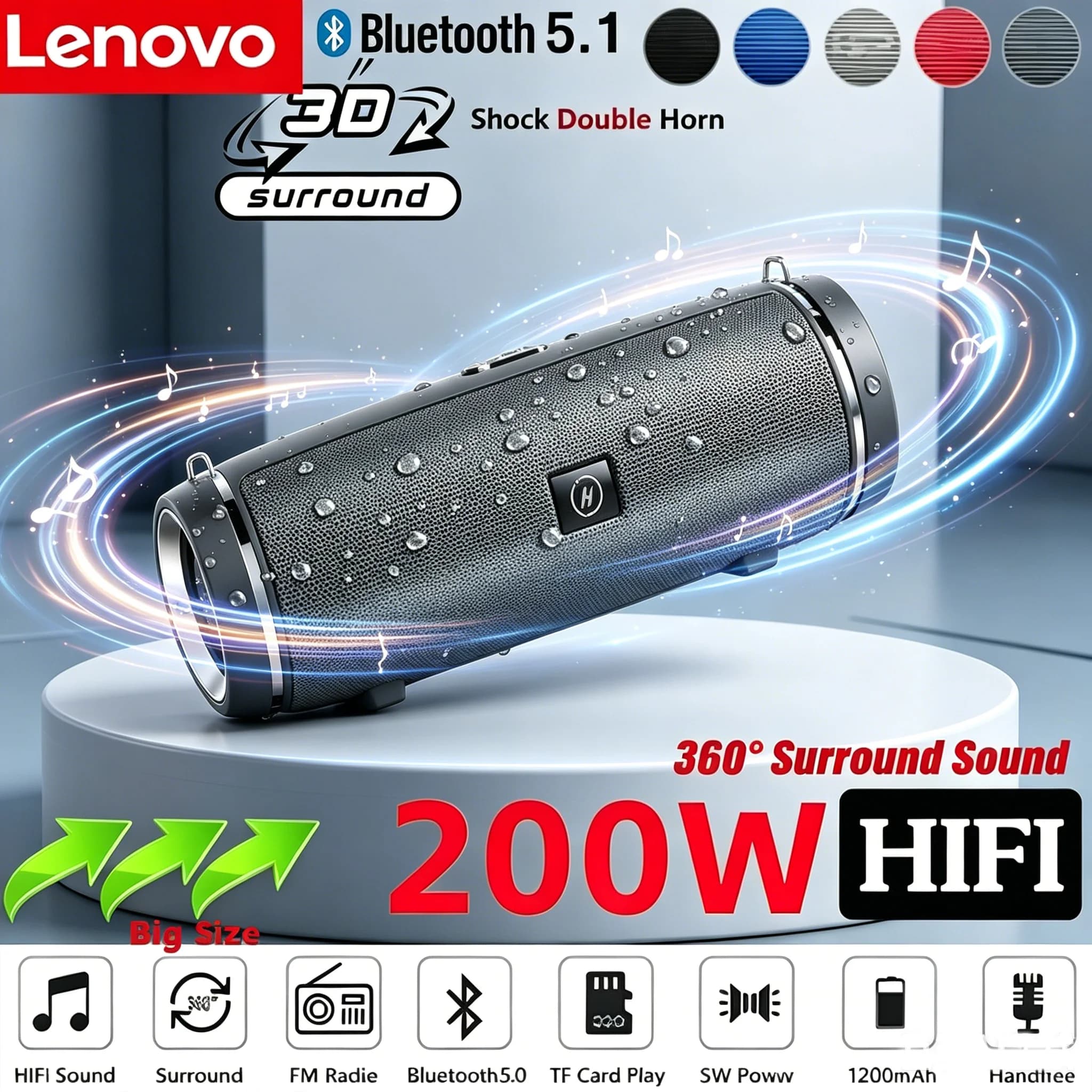 Lenovo Outdoor IPX7 Waterproof 200W Portable Bluetooth Speaker HIFI Pillar Stereo Subwoofer FM Radio TF Boom Box
