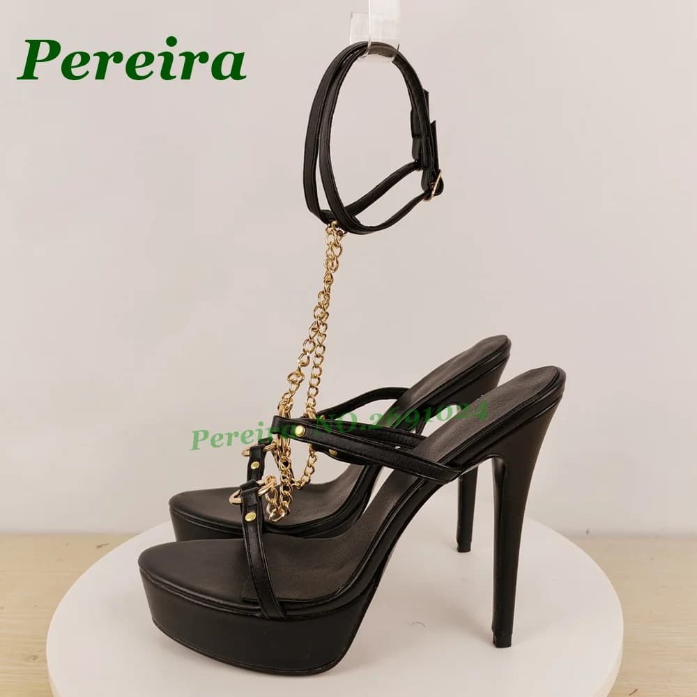 Women's Black Platform Stiletto Heels Gold Chain Ankle Strap Sandals Sexy Peep Toe Party Club High Heels Pole Dance Shoes 2026