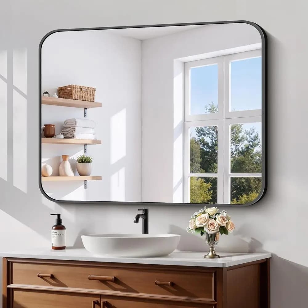 Specchio da bagno nero - 32x40 pollici, in vetro temperato anti-rottura, per lavabo o bagno, montaggio a parete con lega opaca