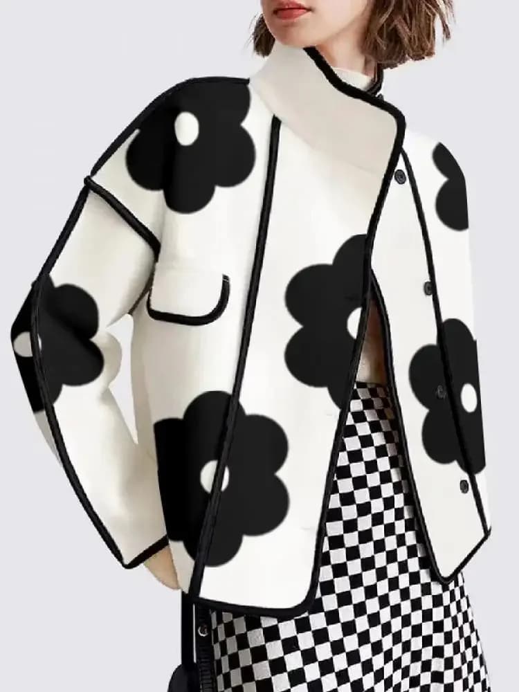 Women Spring Autumn Jackets Fashion Black Flower Print High-Neck Long Sleeves Buttoned Casual Outerwear Coats New