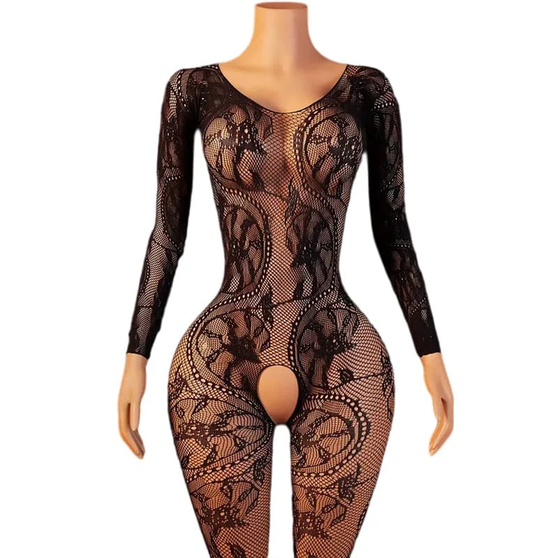 Rete da pesca con calze autoreggenti modellate Design senza cavallo Donna sexy Lingerie Teddy Tuta attillata Pigiama erotico trasparente