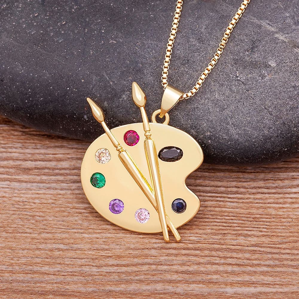 Nidin INS Fashion Painting Plate Zircon Copper Gold Plated Pendant Art Pigment Palette Draw Brush Choker Necklace Jewelry Gift
