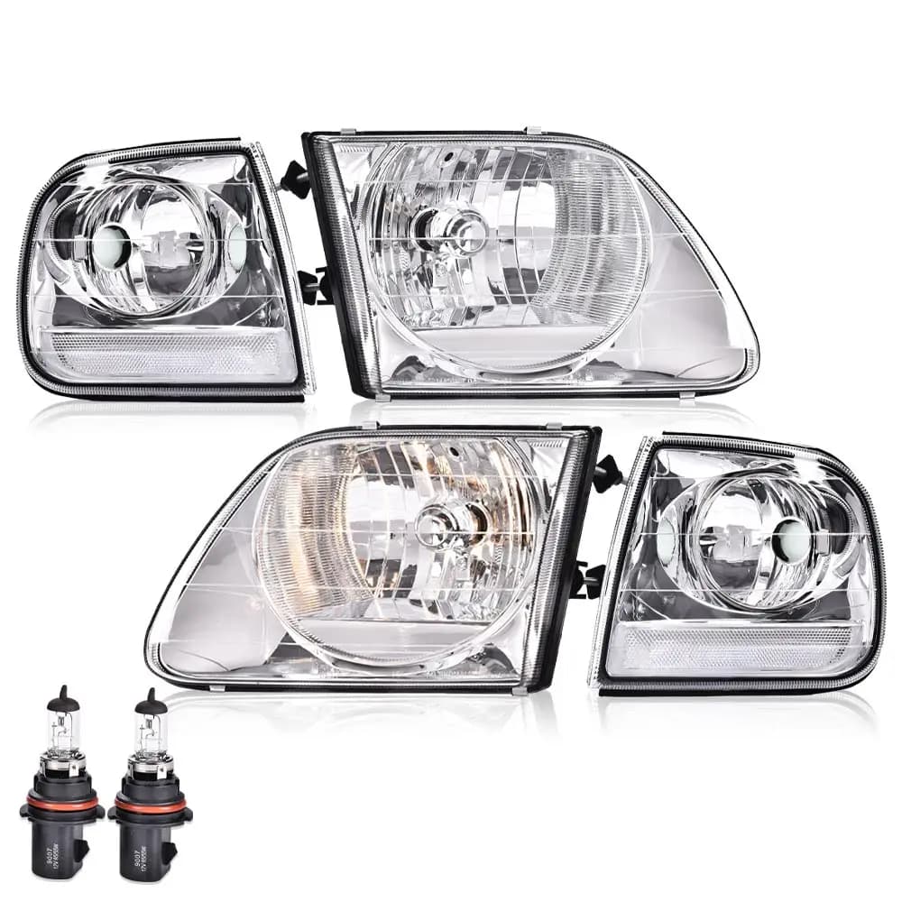 Gruppo Fari Anteriori con Lampadine Compatibili per Ford Expedition 1997-2002, Alloggiamento Cromato, Riflettore Trasparente