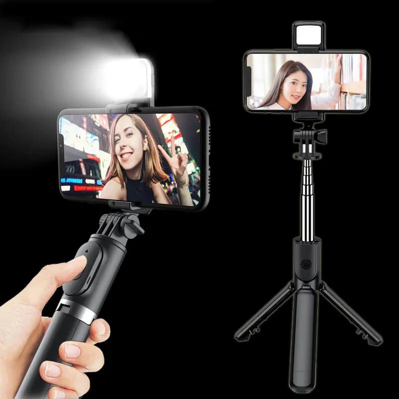 Con luce di riempimento Rotazione a 360 gradi Wireless Bluetooth Selfie Stick Treppiede con otturatore remoto per iPhone Xiaomi Huawei Supporto per telefono