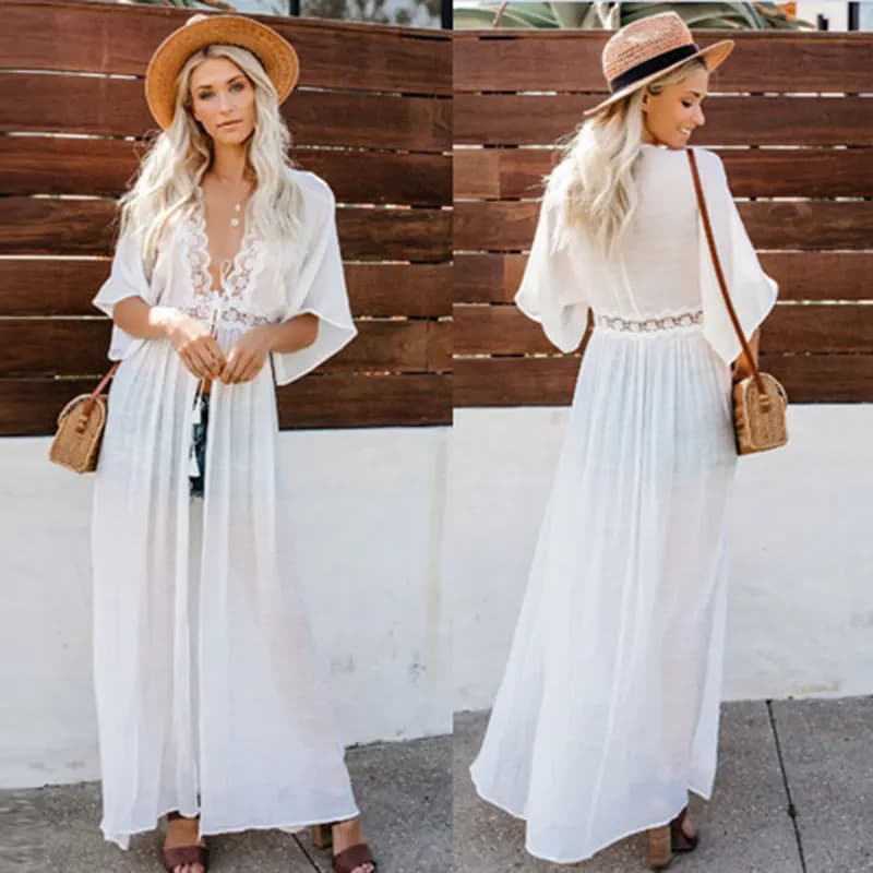 Women Beach Dress Swimwear Sexy Lace Bikini Cover Up Kaftan Swimming Suit Crochet Open Front Maxi White Long Kimono Coverup Cape