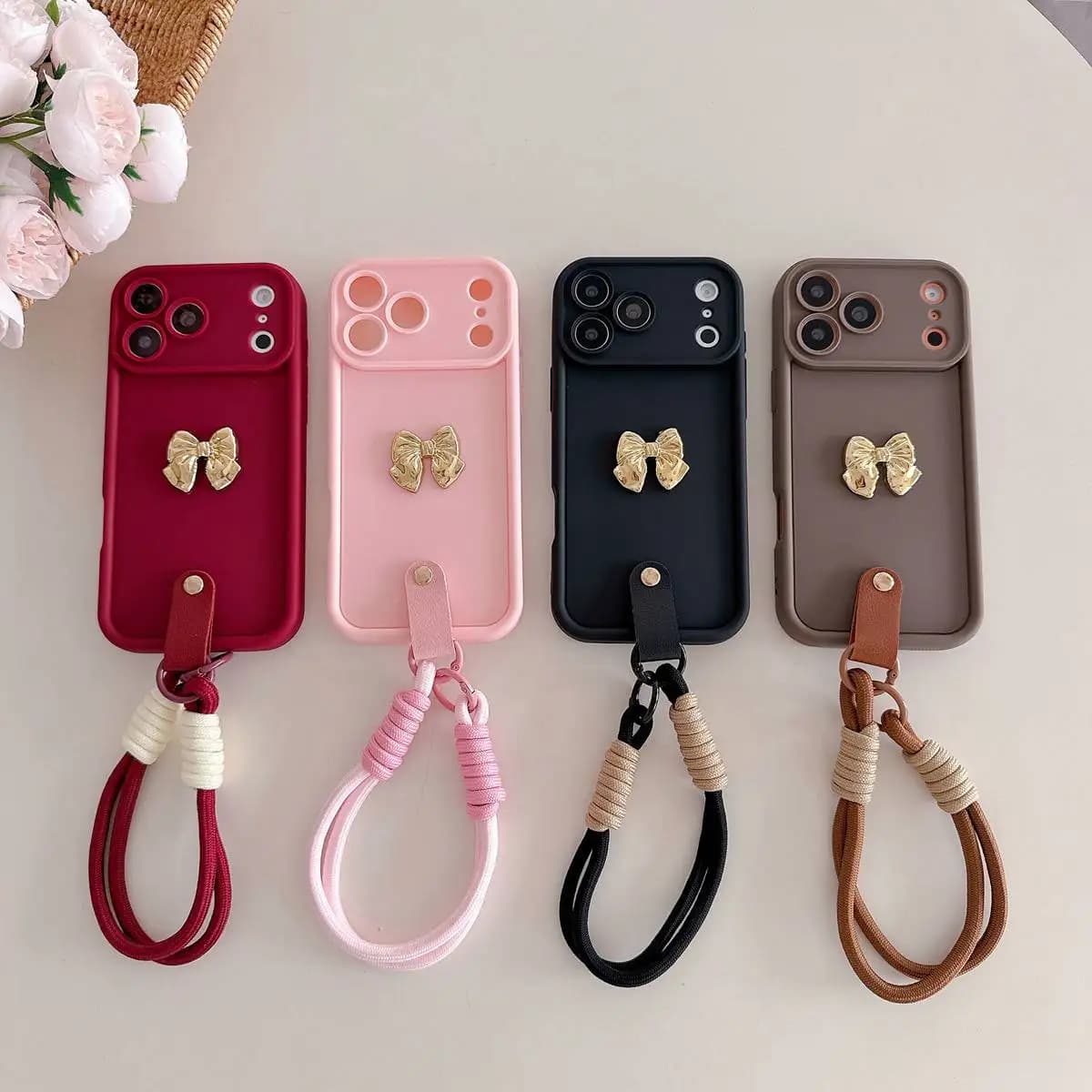 3D Gold Bow Strap Lanyard Phone Case For iPhone 17 16 15 14 13 12 11 Pro Max XS Max XR X Air 16E 6 6s 7 8 Plus SE 2 3 Soft Cover