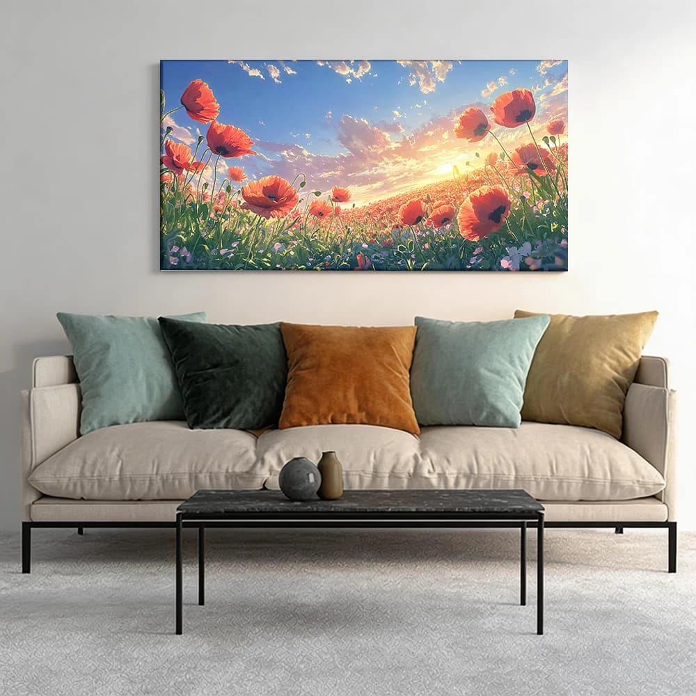 Painted on canvas with large wooden frame, 1 piece. Bright poppie field, dream sky.
