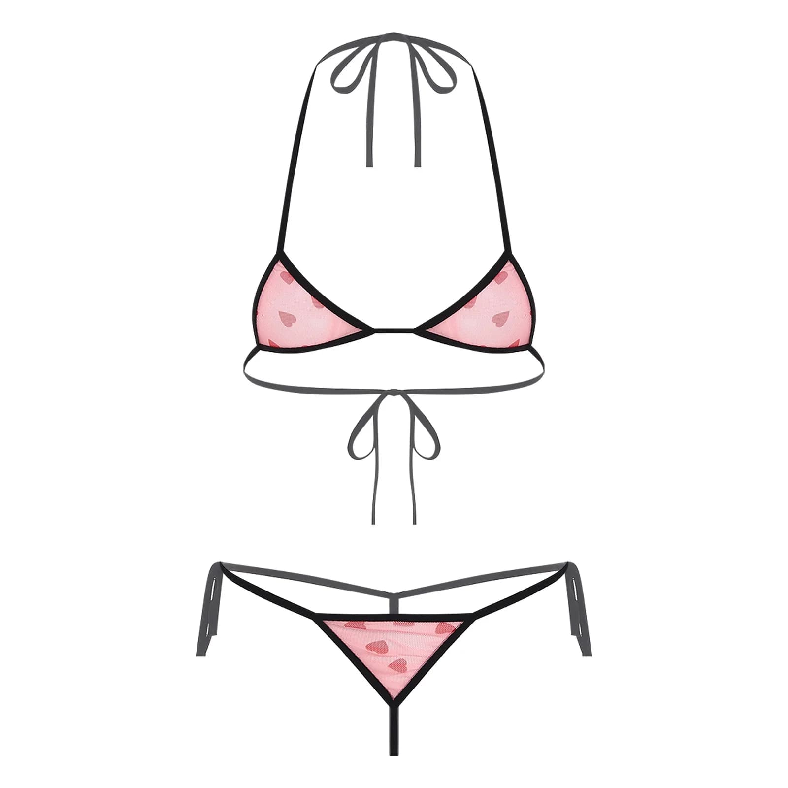 Womens Micro Mini Bikini Lingerie Underwear Set Printed Sheer Mesh Lace-up Bra Top and T-back Thong Swimwear Nightwear Raves