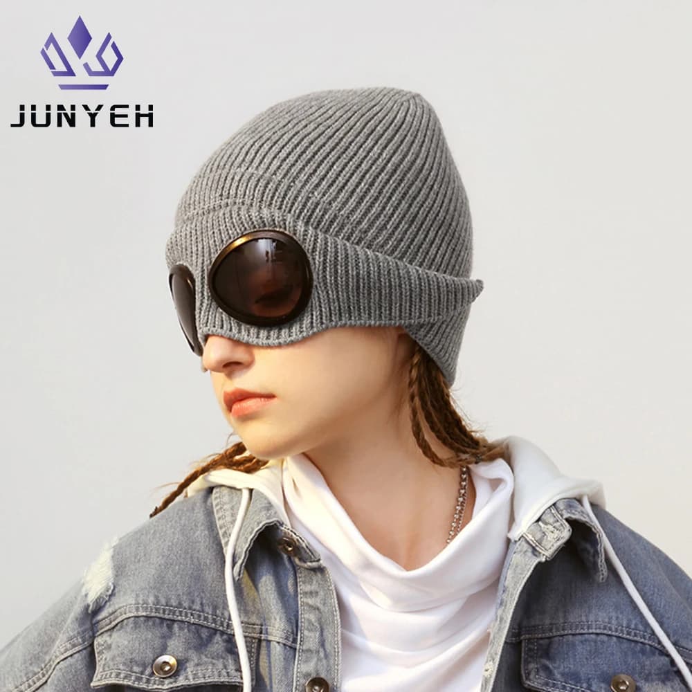 Outdoor Cycling Hats Winter Warm Beanie Hat Women Men Winter Windproof Glasses Knitted Ski Mask Cap