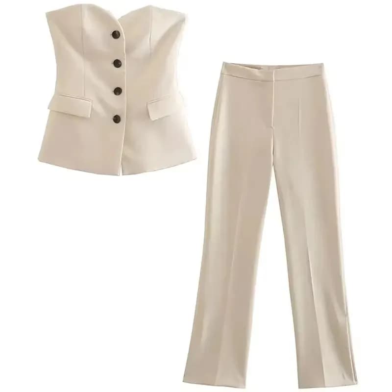 Set di pantaloni HH per donna Moda beige monopetto senza spalline slim canotta gilet pantaloni dritti a vita alta abito da donna da ufficio