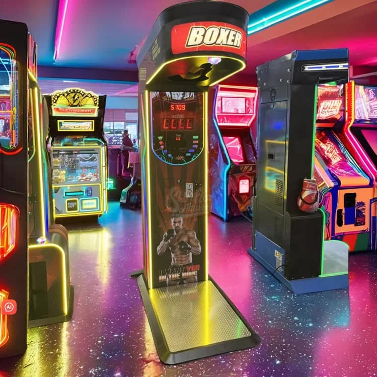 Interactive street arcade game machine with boxing bag to measure punch power, tokens, for the ransom of sports prizes