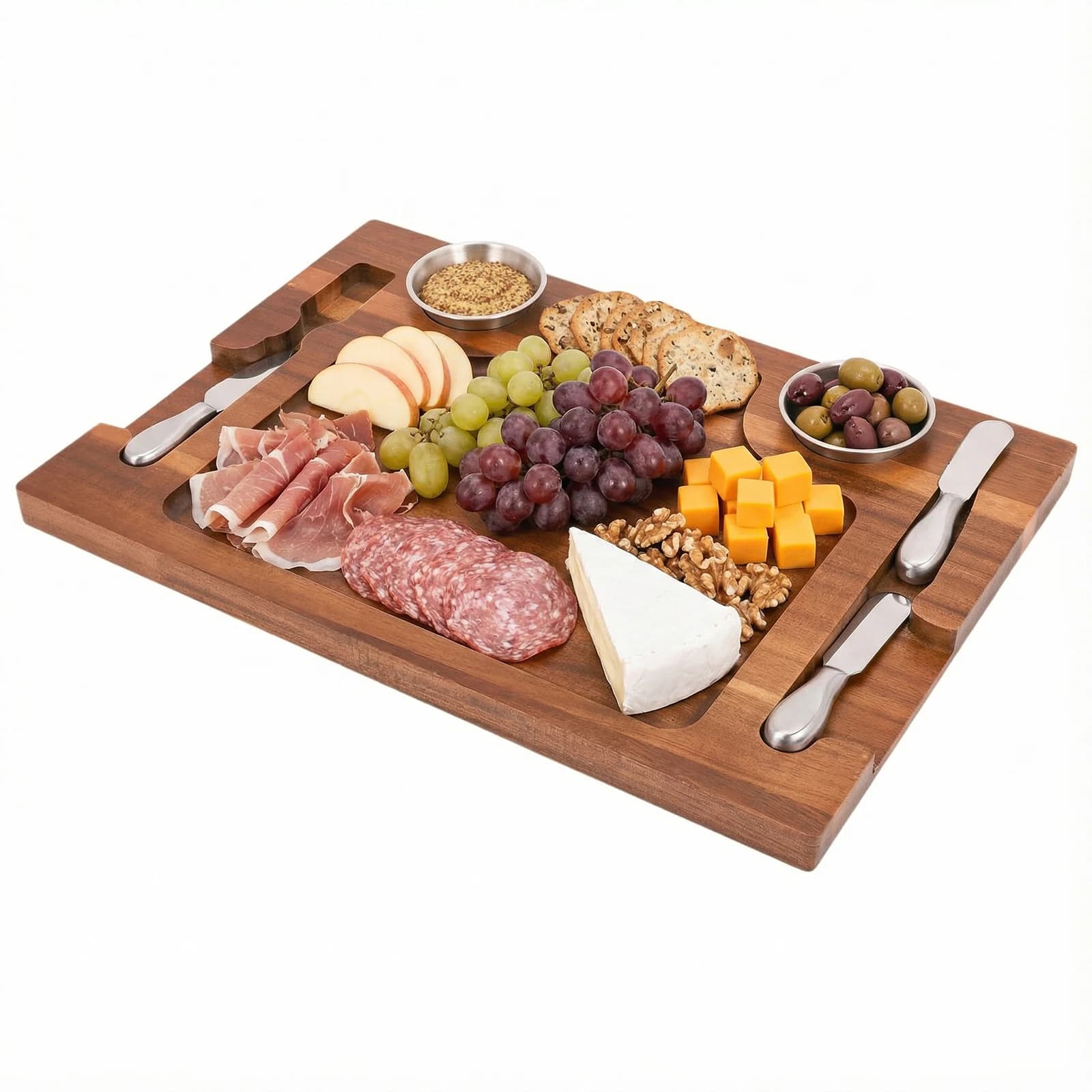 Piatto di Servizio in Legno di Acacia con 2 Coppette per Salse, Piatto per Bistecche, Tagliere per Carne, Salsicce e Formaggi