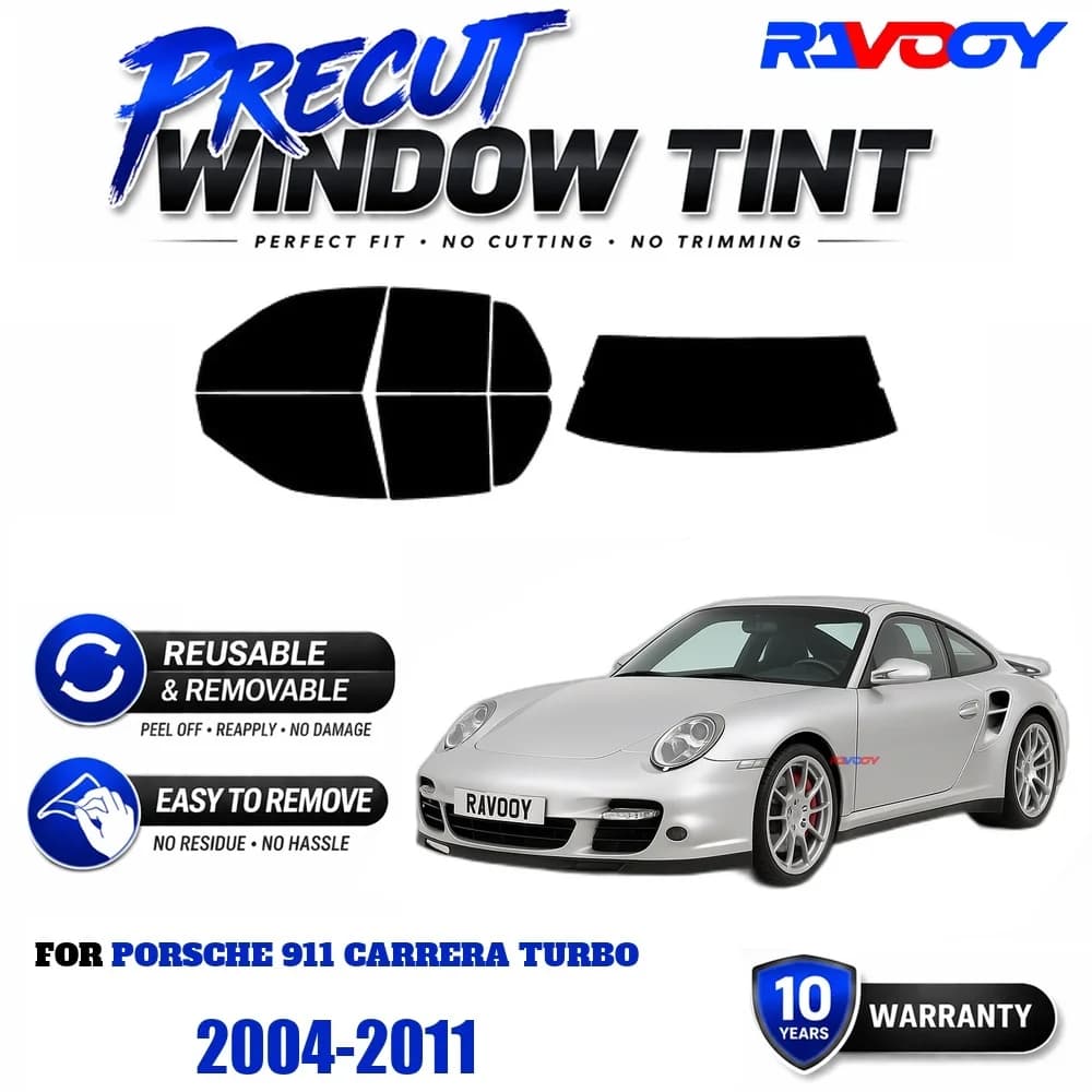 RAVOOY Precut Window Tint, Reusable Removable EPU Film, Custom Fit for Porsche 911 Carrera Turbo 2004-2011, UV Heat Protection