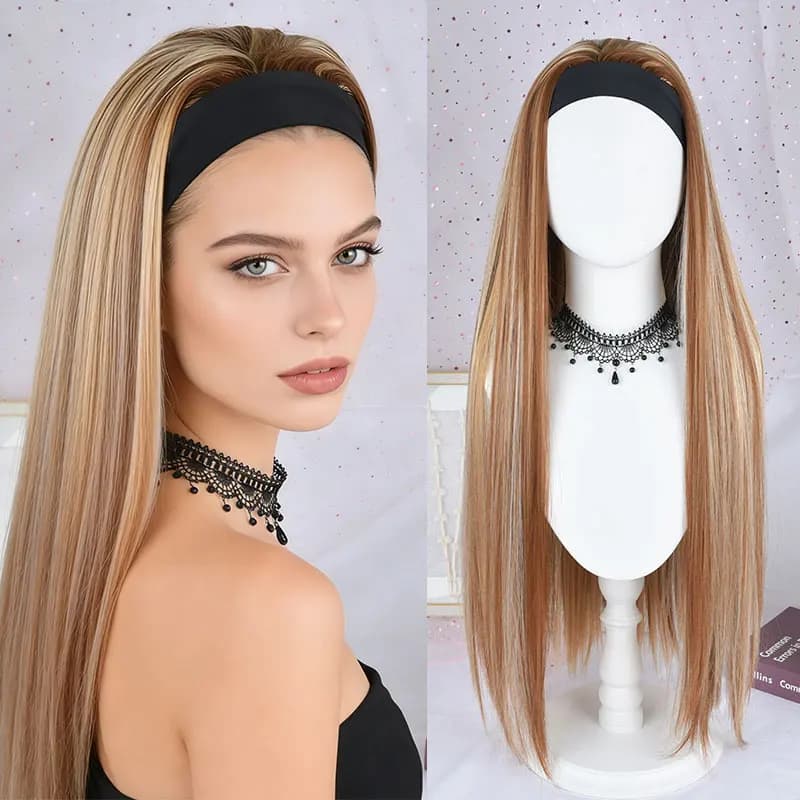 Parrucca lunga e liscia con fascia per capelli da donna, nero naturale, castano chiaro, capelli sintetici soffici e naturali, essenziale per lo styling quotidiano, per l'uso quotidiano da donna, per acconciature da festa, regalo di compleanno, scelta ideale