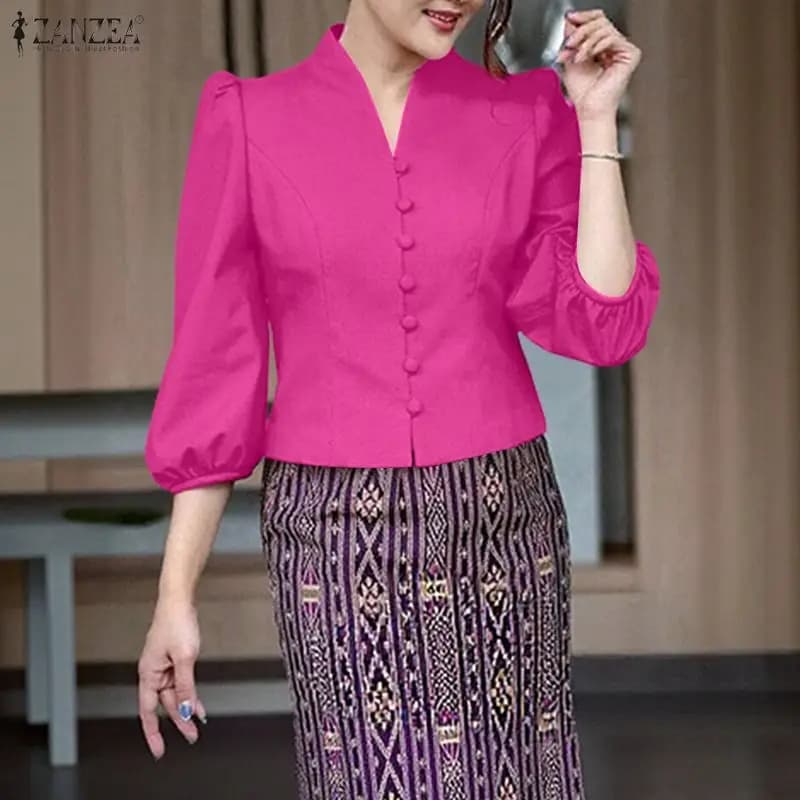 ZANZEA Camicia Corta Elegante da Donna con Cuciture a Principessa, Scollo a V, Maniche a Sbuffo 3/4, Abbottonatura, Tinta Unita, Top Raffinato per Feste