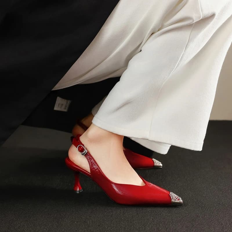 NEW Summer Women Sandals Genuine Leather Shoes for Women Pointed Toe Thin Heel Shoes Cover Toe Slingback Shoes Modern Sandals