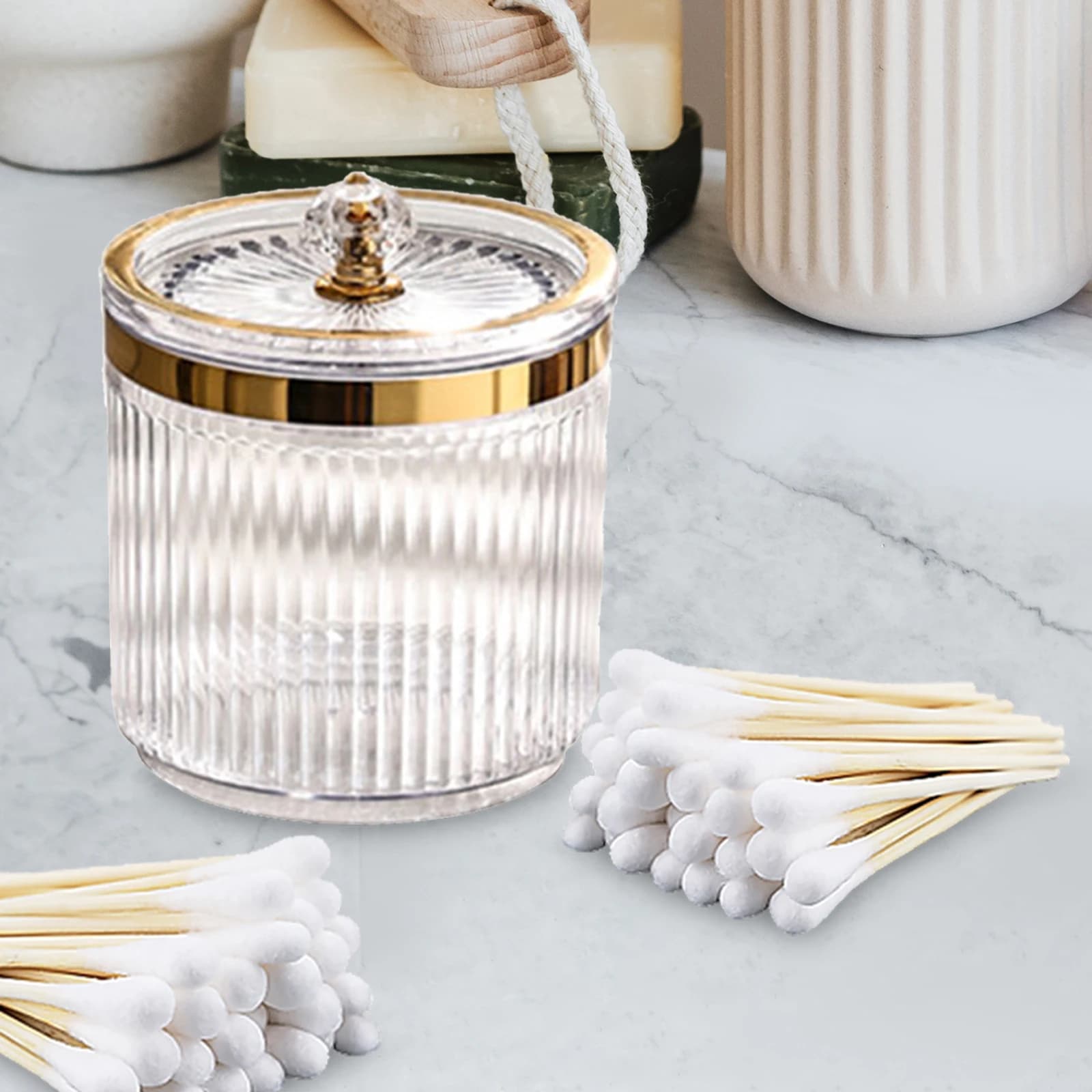 Porta batuffolo di cotone per trucco multifunzionale con coperchio Scatola portaoggetti trasparente per strumenti per trucco per strumento da appoggio domestico desktop