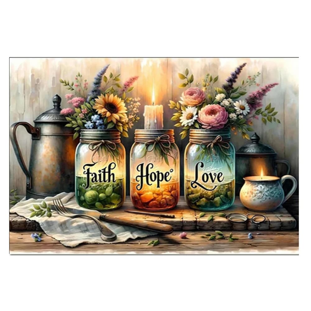 5D DIY Full Round Drill Diamond Painting Kits Faith Hope Love, Paint By Diamonds Dot Gem Art Crystal Vase Easy,Home Wall Decor