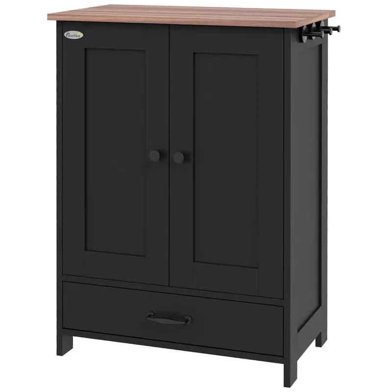 PawHut Pet Feeding Station, Dog Food Storage Cabinet w/ Raised Dog Bowls, Adjustable Panel, Hooks for Medium Dogs, Black