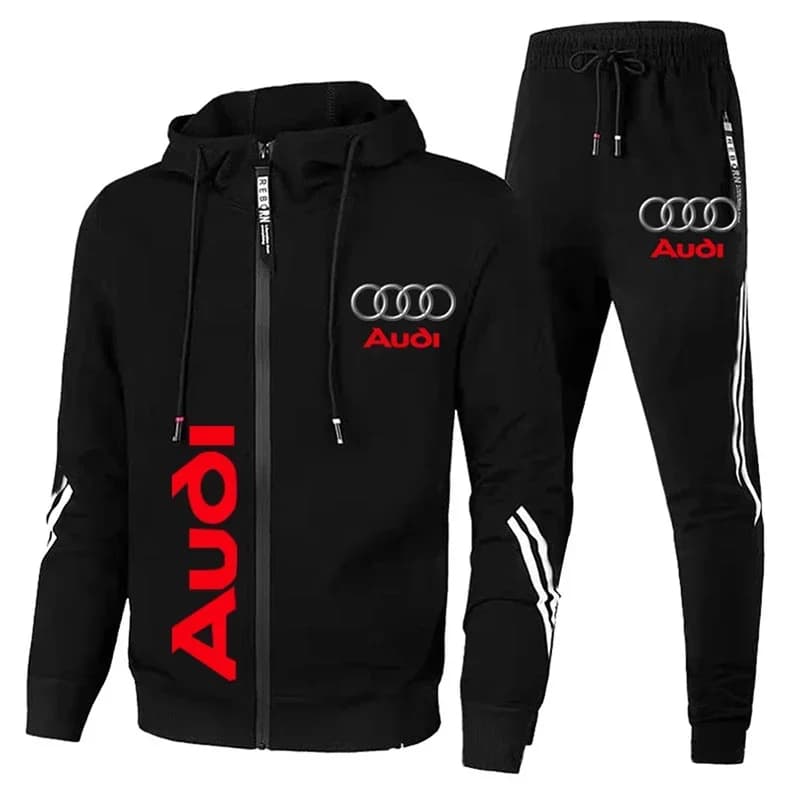 Tuta da uomo Audi Logo stampato Abbigliamento sportivo Cerniera Pullover con cappuccio + Pantaloni Set da 2 pezzi Tuta da corsa fitness casual Abbigliamento da uomo