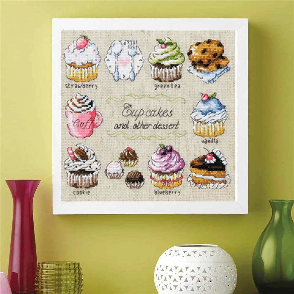 CUP CAKES DESSERT FAI DA TE Stich Punto Croce Cornici e articoli da esposizione Tessuto di Cotone Ricamo Ricamo Artigianato Contato Punto Croce Kit