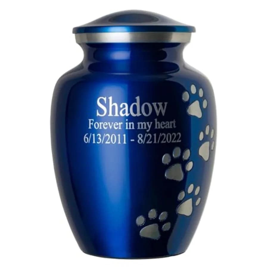 Urna per cani di taglia media fino a 65 libbre, finitura blu zaffiro con zampe verticali in peltro, incisione laser personalizzata