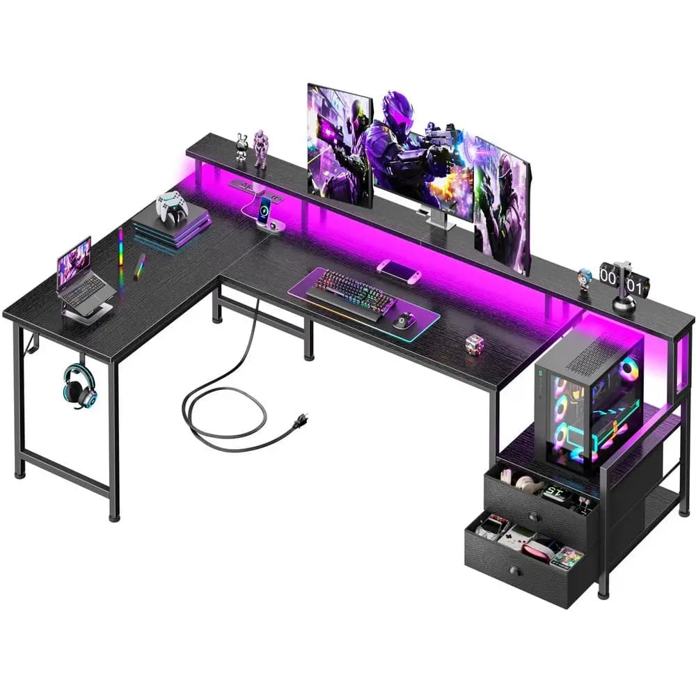 Scrivania da Gaming a L da 66 Pollici con Cassetti e Ripiani, Scrivania Angolare Reversibile con Prese di Corrente e Supporto per PC, Grande Postazione di Lavoro