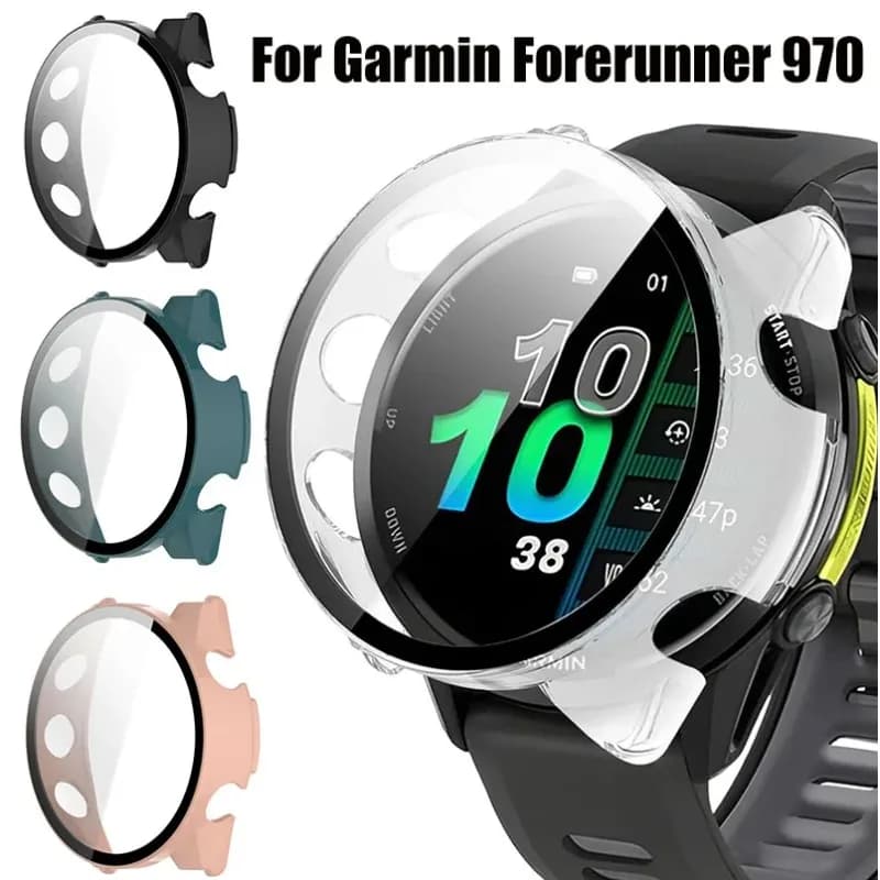 Custodia rigida in PC + vetro temperato per Garmin Forerunner 970 Protezione per lo schermo Copertura protettiva completa per Garmin Forerunner 970