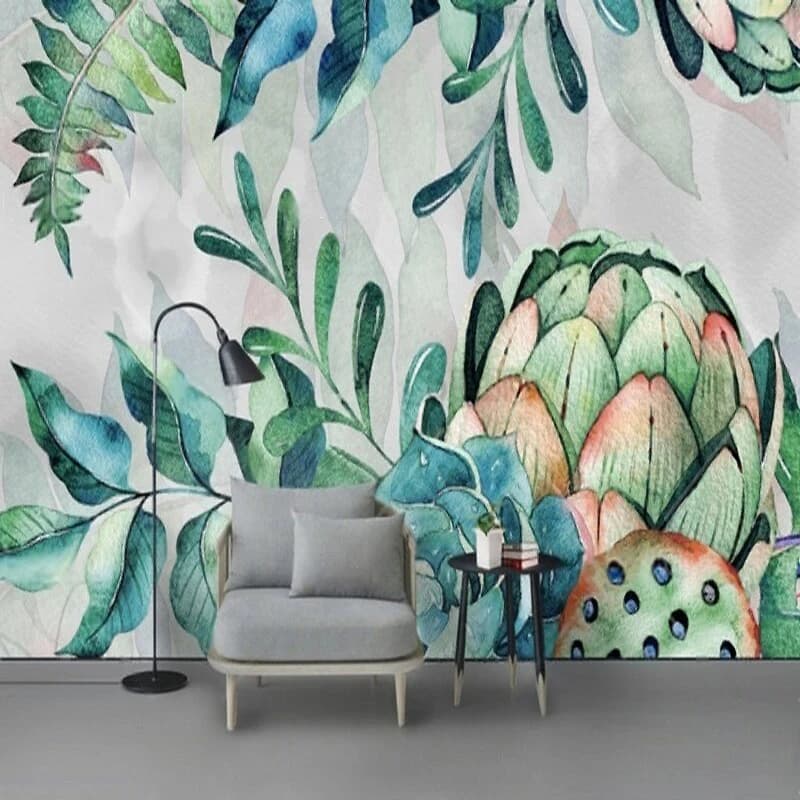 New modern and simple hand-painted flower and plant green bedroom decoration home wallpaper custom wall