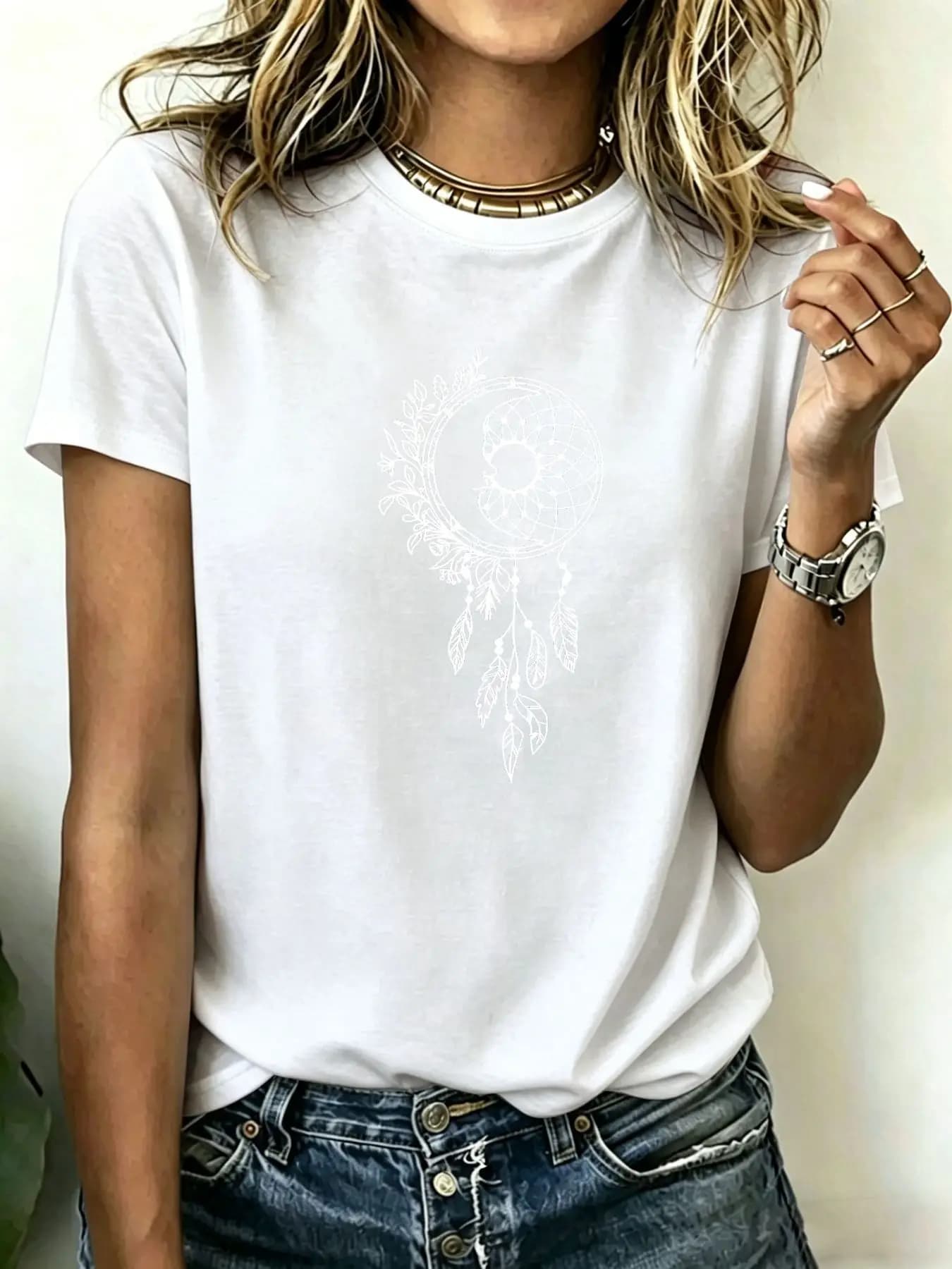 180-gram pure cotton Plus-size women's T-shirt with dreamcatcher graphic, comfortable breathable sweat-absorbing stylish casu