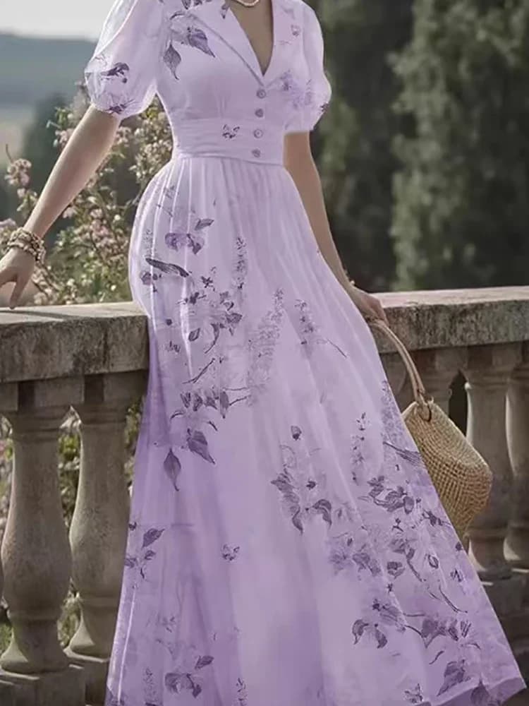 New Spring Summer Chiffon Pleated Party Dress Elegant Lapel Puff Sleeve Princess Dress Floral Print High Waist Women Robe Dress