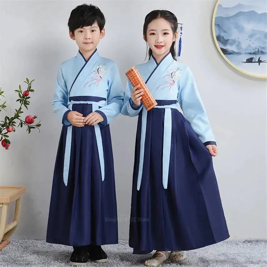 Chinese clothing new traditional antique set for kids boy girl sleeve long dance popular Hanfu painting ink print show dress