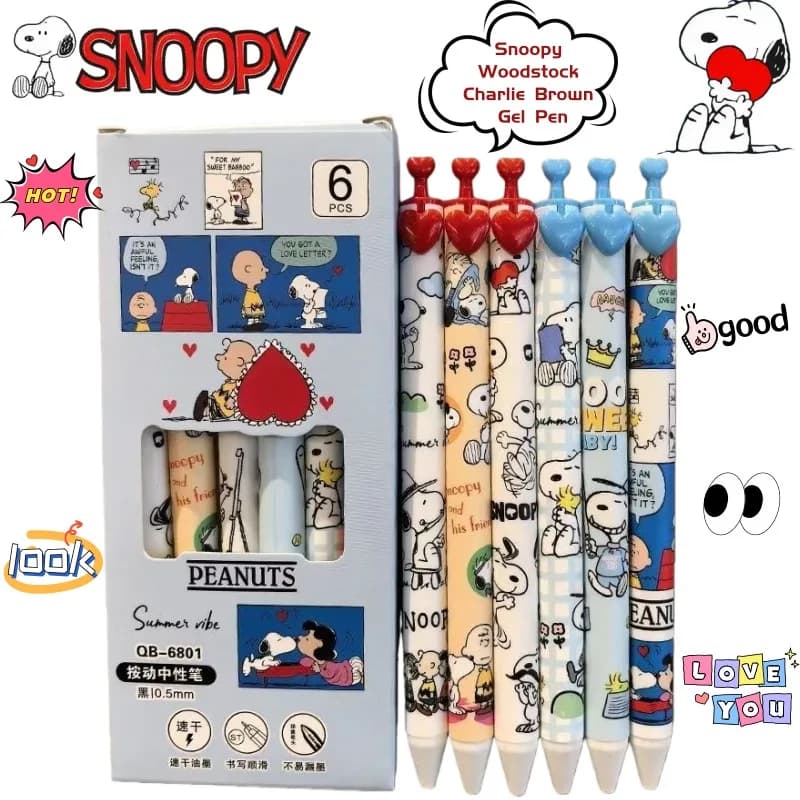 HOT##6PCS Snoopy Charlie Brown secondary animation peripheral gel pen cartoon cute creative students quick-drying love brush pen