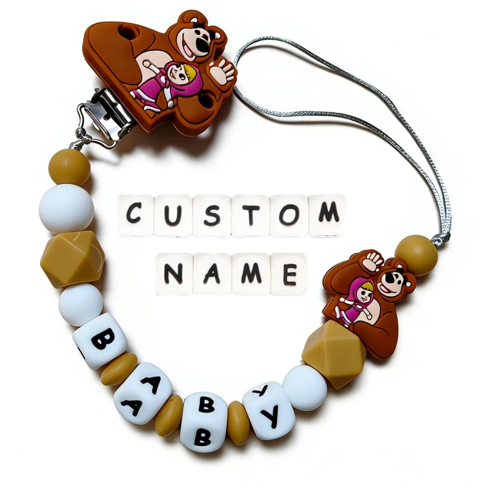 1 Pezzo Catenella Portaciuccio Personalizzabile con Nome, in Silicone, con Perline a Forma di Orso Masha, Clip e Massaggiagengive