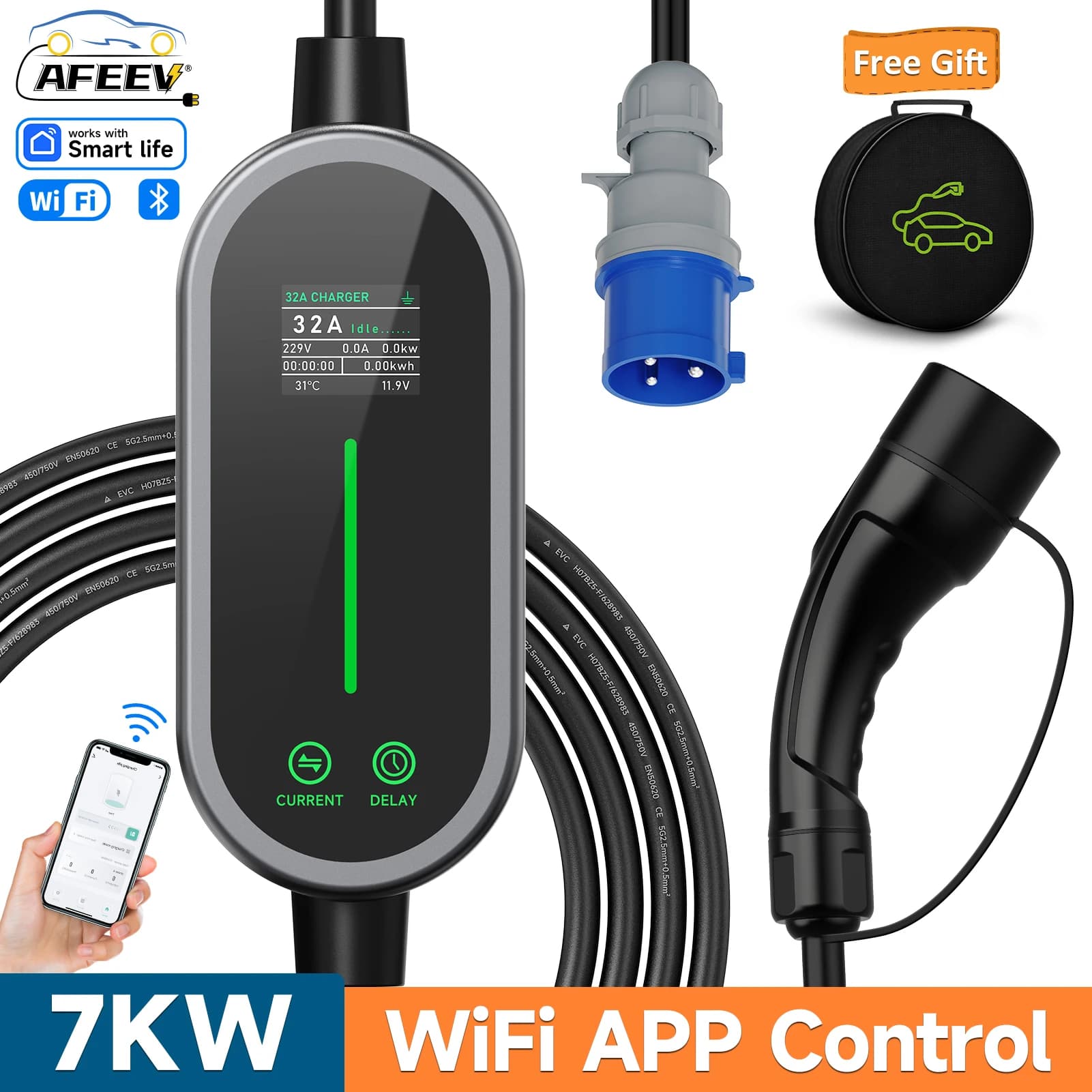 AFEEV 7KW 32A 1Phase Portable EV Charger Type2/Type1/GBT EVSE Fast Charging Cable Wallbox CEE Plug WiFi APP Bluetooth Control