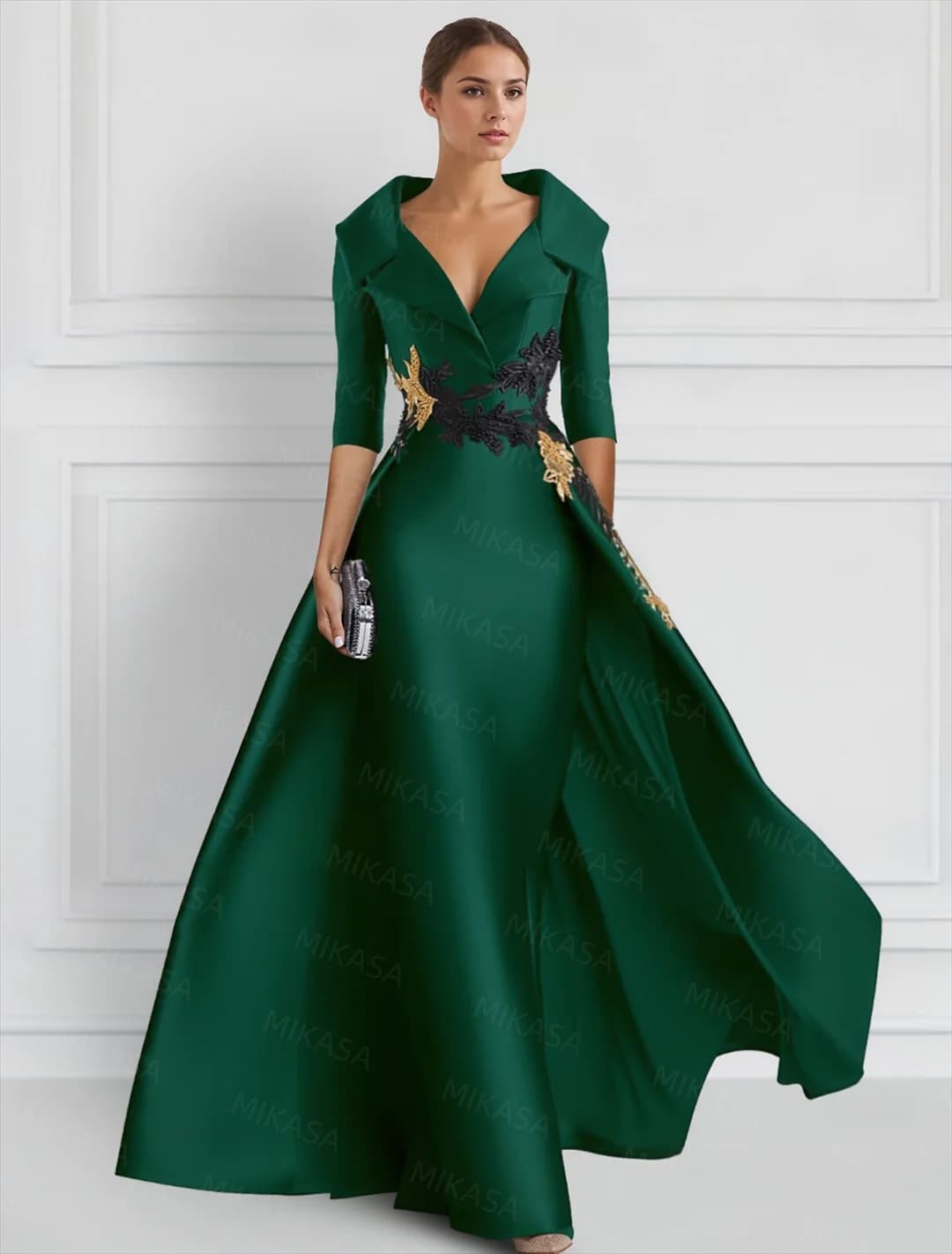 Abiti da sera vintage a tre quarti in raso con applicazioni Tasche con scollo a V Abiti eleganti da cerimonia per la madre della sposa lunghi fino al pavimento